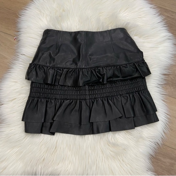 Maje Jupia Smocked Ruffled Mini Skirt soft lamb leather size 36 - Picture 2 of 11